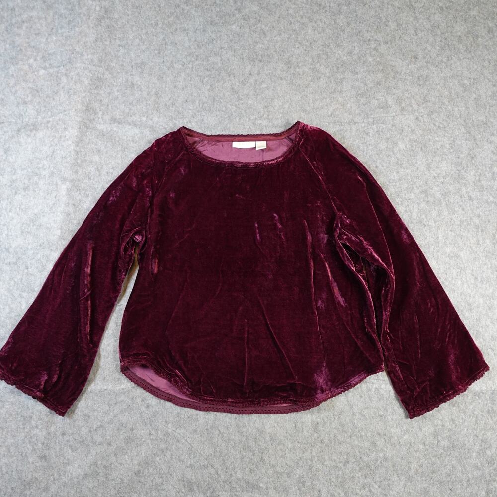 J. Jill Top Womens Small Petite Velvet Burnout Burgundy Wine Wide Flared Sleeve